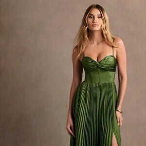 Azazie Atelier Tyla Olive Green Pleated Maxi Dress